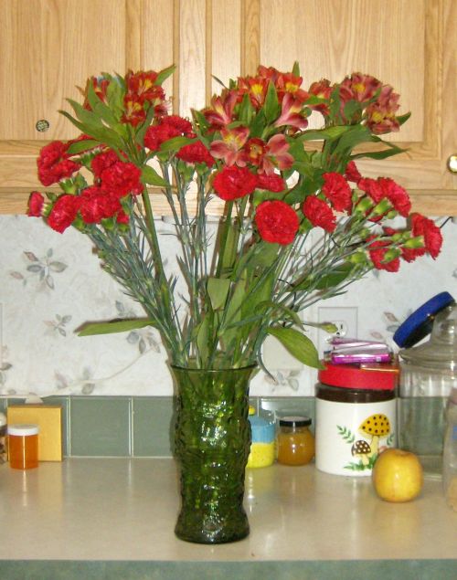 red carnations and alstroemerias brighten the kitchen counter