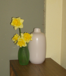 Four yellow daffodils in a green vase, next to a tall pink vase.