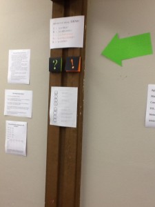 The notes and notices section of the front of the room...